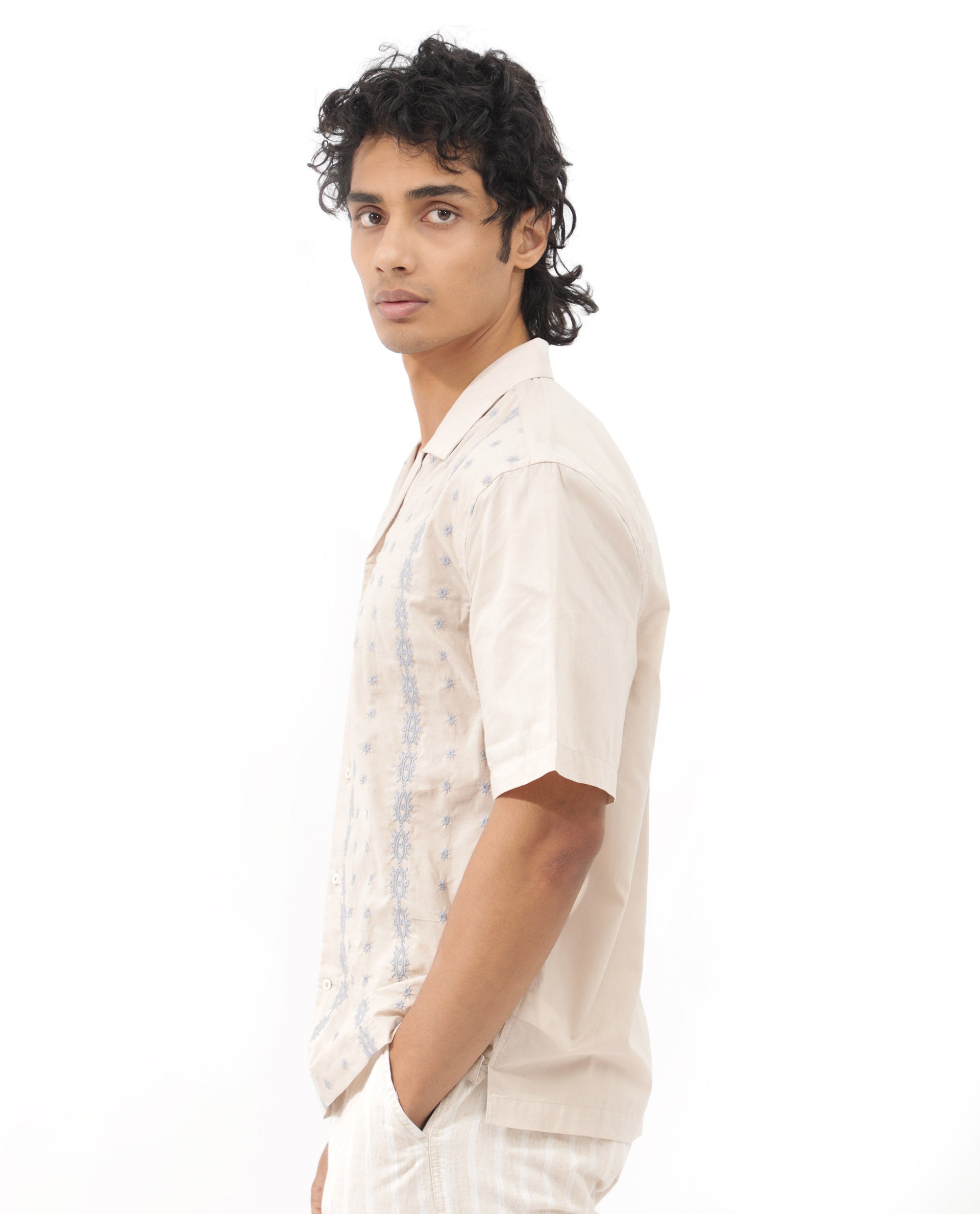 Men's Beige Casual Regular Fit Embroidered Half Sleeves Shirt