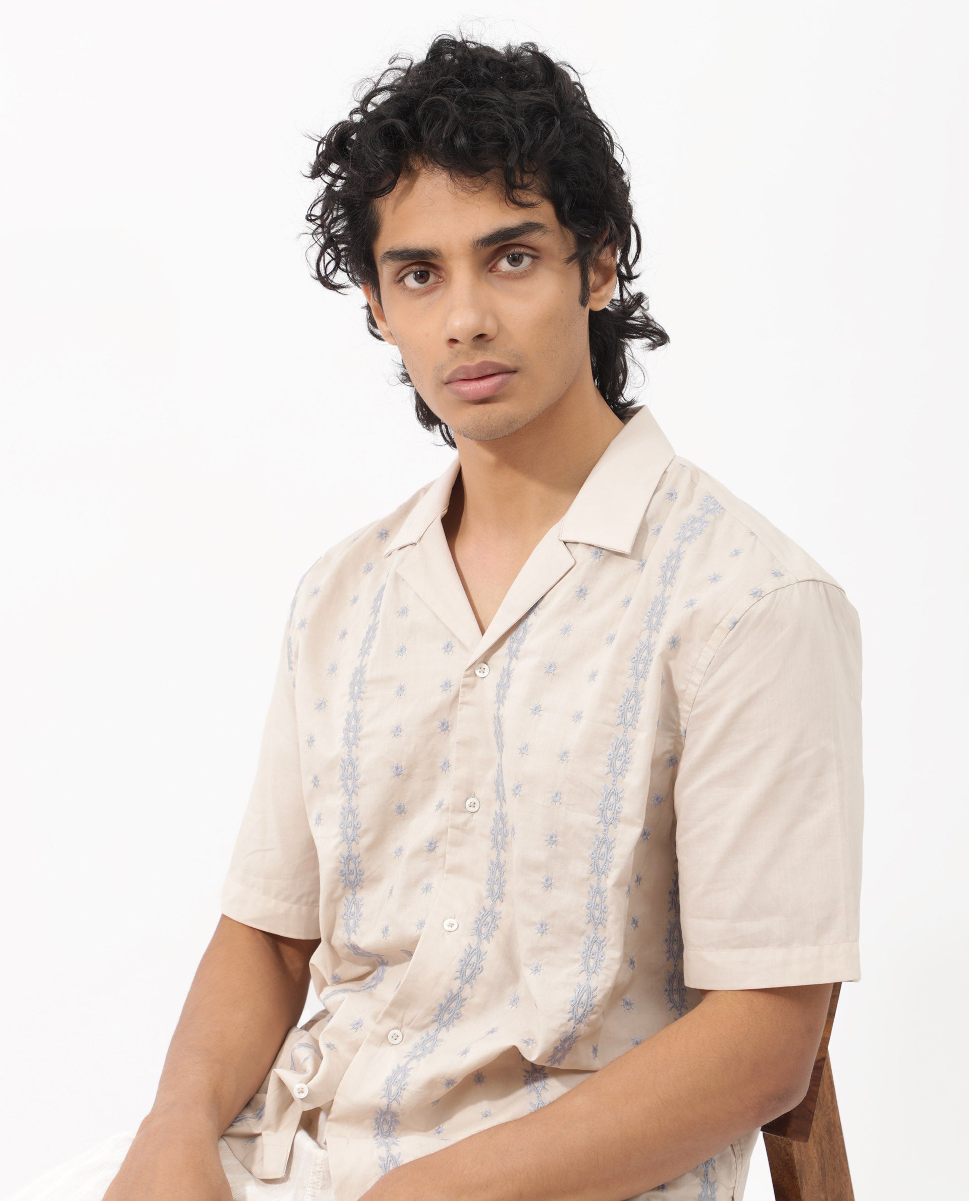 Men's Beige Casual Regular Fit Embroidered Half Sleeves Shirt