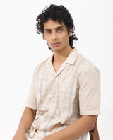 Men's Beige Casual Regular Fit Embroidered Half Sleeves Shirt
