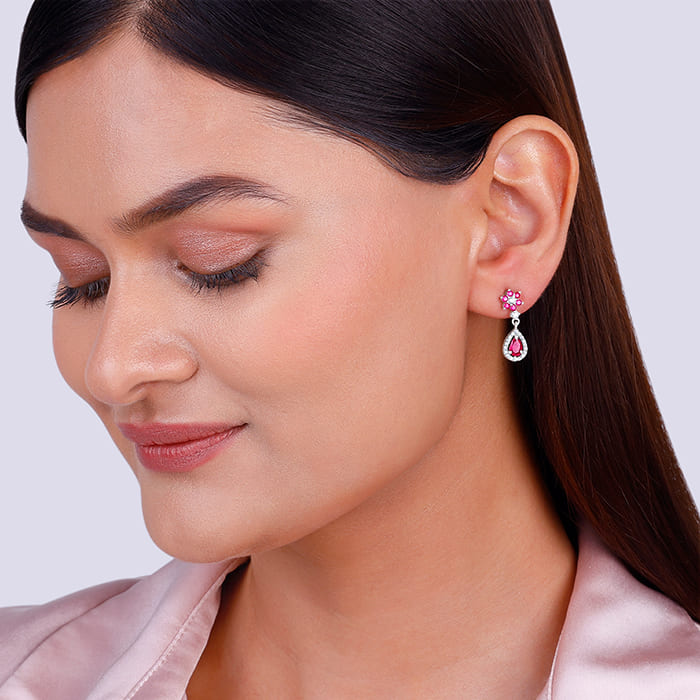 Women's Silver Pink Flower Mini Drop Earrings