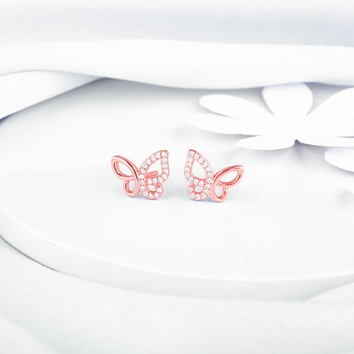 Women's Rose Gold Zircon-Studded Butterfly Earrings