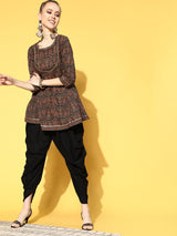 Women's Black Ethnic Motifs Printed Regular Gotta Patti Pure Cotton Kurti with Dhoti Pant