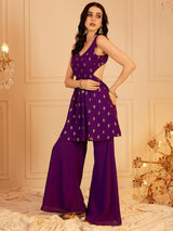 Women's Purple Floral Printed A-line Kurta and Sharara