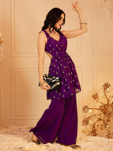 Women's Purple Floral Printed A-line Kurta and Sharara