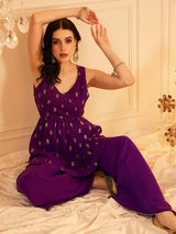 Women's Purple Floral Printed A-line Kurta and Sharara
