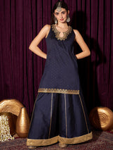 Women's Navy Floral Embroidered Gotta Patti Straight Kurta with Sharara
