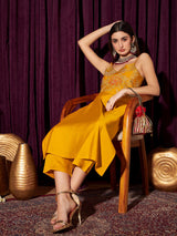 Women's Yellow Floral Yoke Design Shoulder Straps Sleeveless Kurta Set