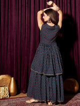 Women's Blue Floral Printed Pure Cotton Kurta With Sharara
