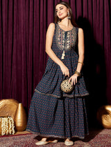 Women's Blue Floral Printed Pure Cotton Kurta With Sharara