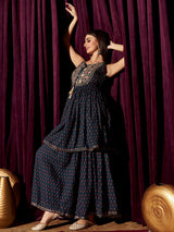 Women's Blue Floral Printed Pure Cotton Kurta With Sharara