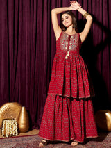 Women's Red Ethnic Motifs Pleated Mirror Work Pure Cotton A-Line Kurta with Sharara