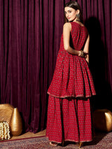Women's Red Ethnic Motifs Pleated Mirror Work Pure Cotton A-Line Kurta with Sharara