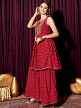 Women's Red Ethnic Motifs Pleated Mirror Work Pure Cotton A-Line Kurta with Sharara