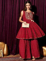 Women's Red Ethnic Motifs Pleated Mirror Work Pure Cotton A-Line Kurta with Sharara