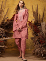 Women's Pink Ethnic Motifs Embroidered Thread Work Kurta with Dhoti Pant