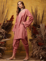 Women's Pink Ethnic Motifs Embroidered Thread Work Kurta with Dhoti Pant