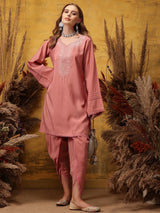 Women's Pink Ethnic Motifs Embroidered Thread Work Kurta with Dhoti Pant