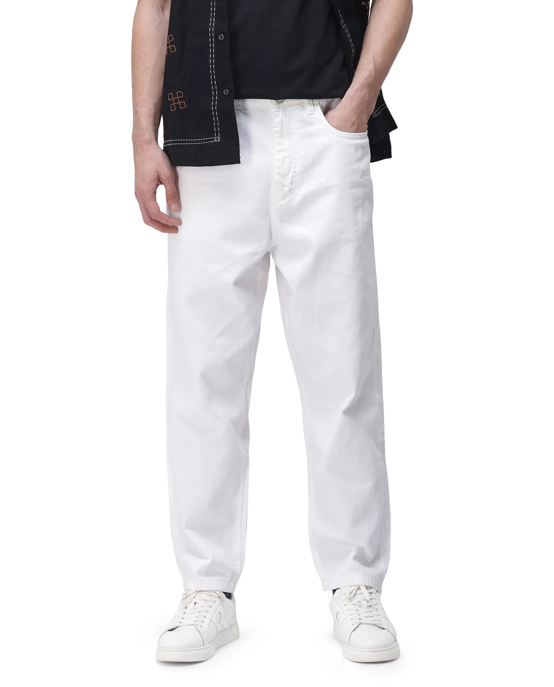 Men's White Casual Baggy Fit Solid Jeans