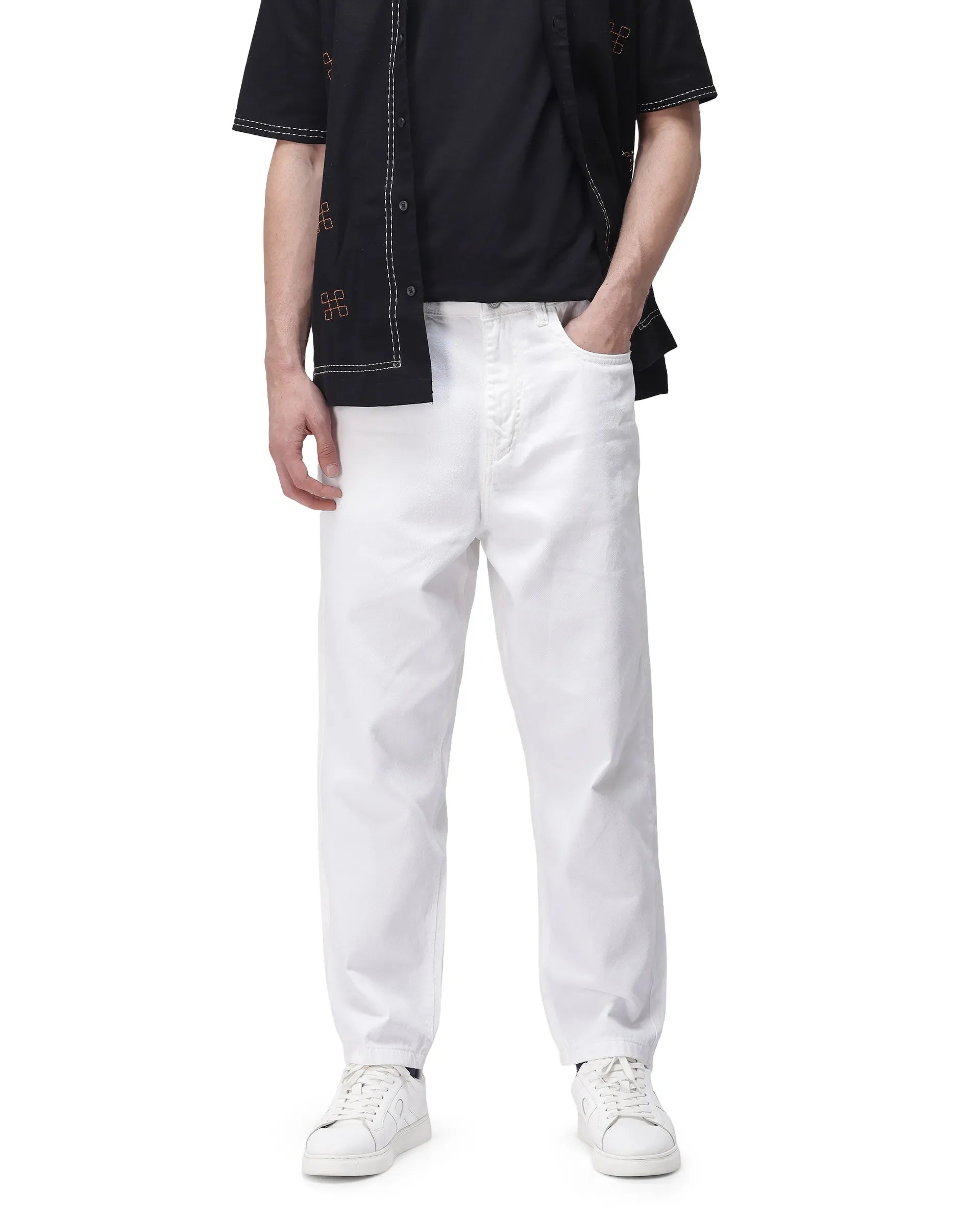 Men's White Casual Baggy Fit Solid Jeans