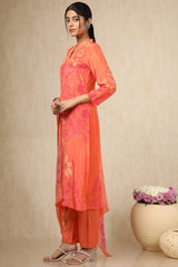Women's Orange Crepe Floral Print Suit Set With Beads