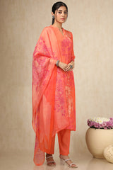 Women's Orange Crepe Floral Print Suit Set With Beads
