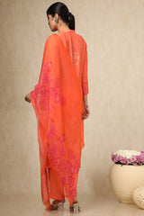 Women's Orange Crepe Floral Print Suit Set With Beads