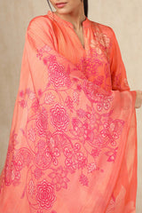 Women's Orange Crepe Floral Print Suit Set With Beads