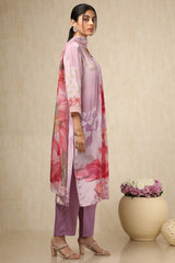 Women's Purple Crepe Floral Print Suit Set With Beads