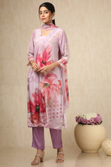 Women's Purple Crepe Floral Print Suit Set With Beads