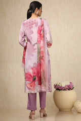 Women's Purple Crepe Floral Print Suit Set With Beads
