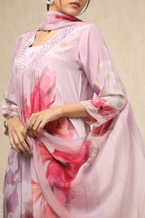 Women's Purple Crepe Floral Print Suit Set With Beads