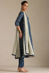 Women's Blue Viscose Botanical Print Suit Set With Zardozi