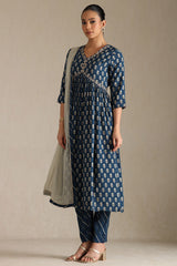 Women's Blue Viscose Botanical Print Suit Set With Zardozi