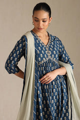 Women's Blue Viscose Botanical Print Suit Set With Zardozi