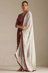 Women's Maroon Viscose Botanical Print Suit Set With Zardozi