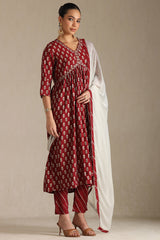 Women's Maroon Viscose Botanical Print Suit Set With Zardozi