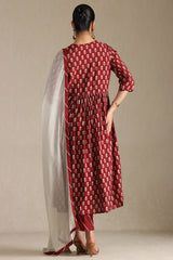 Women's Maroon Viscose Botanical Print Suit Set With Zardozi