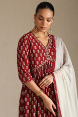 Women's Maroon Viscose Botanical Print Suit Set With Zardozi