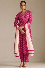 Women's Fuchsia Viscose Botanical Print Suit Set With Zardozi