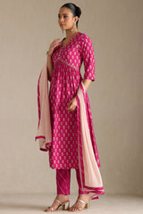 Women's Fuchsia Viscose Botanical Print Suit Set With Zardozi