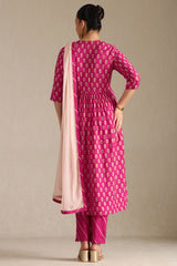 Women's Fuchsia Viscose Botanical Print Suit Set With Zardozi