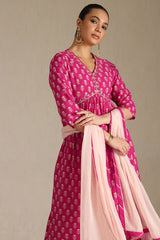 Women's Fuchsia Viscose Botanical Print Suit Set With Zardozi