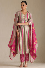Women's Grey Viscose Muslin Striped Suit Set With Beads