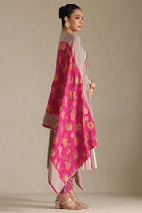 Women's Grey Viscose Muslin Striped Suit Set With Beads