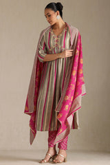 Women's Grey Viscose Muslin Striped Suit Set With Beads
