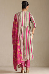 Women's Grey Viscose Muslin Striped Suit Set With Beads