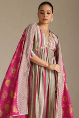 Women's Grey Viscose Muslin Striped Suit Set With Beads