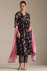 Women's Navy Blue Viscose Blend Floral Print Suit Set With Beads