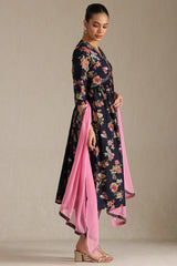 Women's Navy Blue Viscose Blend Floral Print Suit Set With Beads