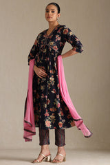 Women's Navy Blue Viscose Blend Floral Print Suit Set With Beads